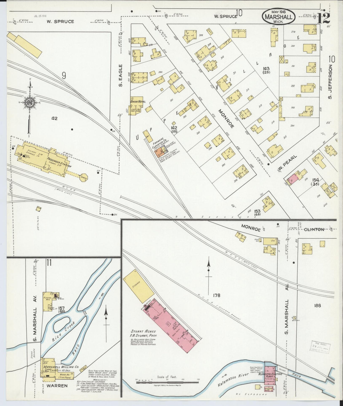 Sanborn Fire Insurance Map from Marshall, Calhoun County, Michigan (1916), Sheet #0012 - Historic Sanborn Fire Insurance Map Print, vintage old map wall art, antique decor, genealogy gift, Michigan Michigan map