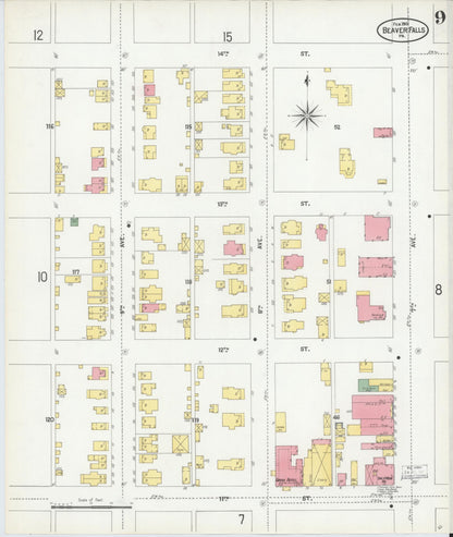 Sanborn Fire Insurance Map from Beaver Falls, Beaver County, Pennsylvania (1901), Sheet #0009 - Historic Sanborn Fire Insurance Map Print, vintage old map wall art, antique decor, genealogy gift, Pennsylvania Pennsylvania map
