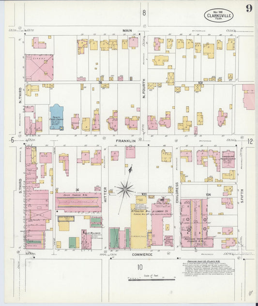 Sanborn Fire Insurance Map from Clarksville, Montgomery County, Tennessee (1908), Sheet #0009 - Historic Sanborn Fire Insurance Map Print, vintage old map wall art, antique decor, genealogy gift, Tennessee Tennessee map