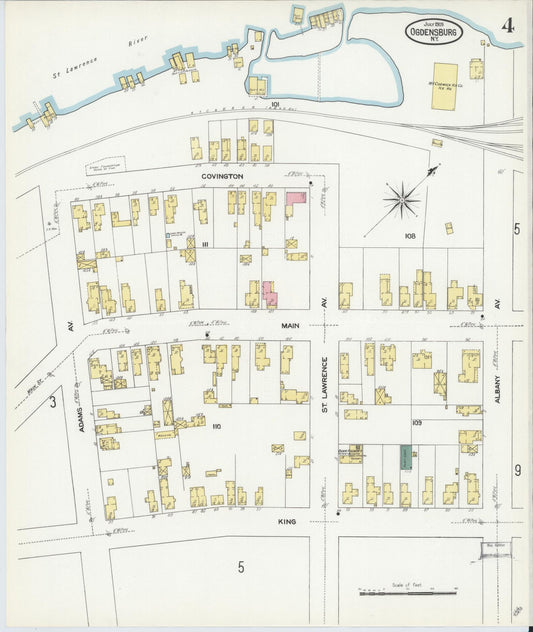 Sanborn Fire Insurance Map from Ogdensburg, St. Lawrence County, New York (1909), Sheet #0004 - Historic Sanborn Fire Insurance Map Print, vintage old map wall art, antique decor, genealogy gift, New York New York map