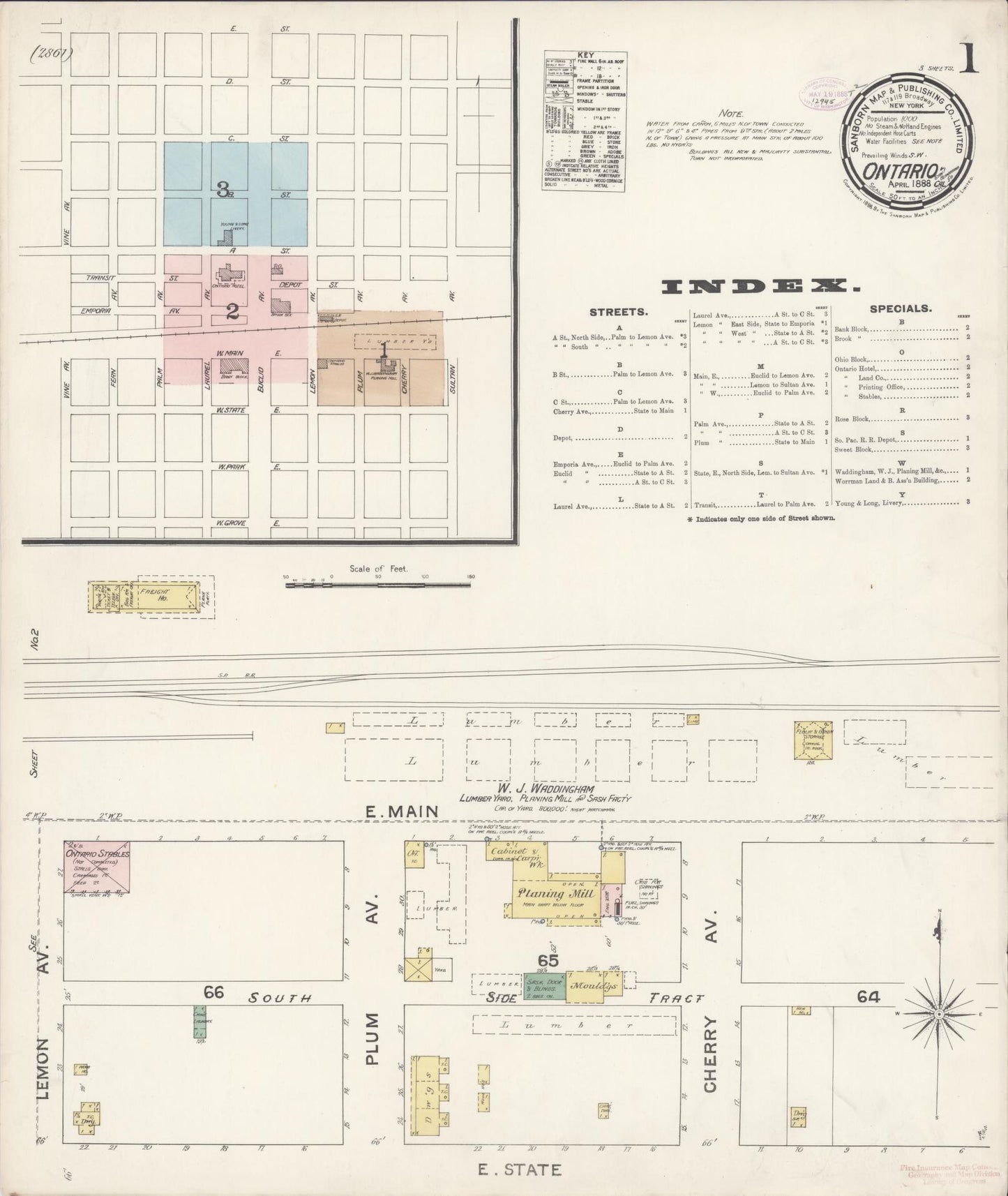 Sanborn Fire Insurance Map from Ontario, San Bernardino County, California (1888), Sheet #0001 - Complete Map Set gallery image, historic Sanborn map, vintage wall art, California California