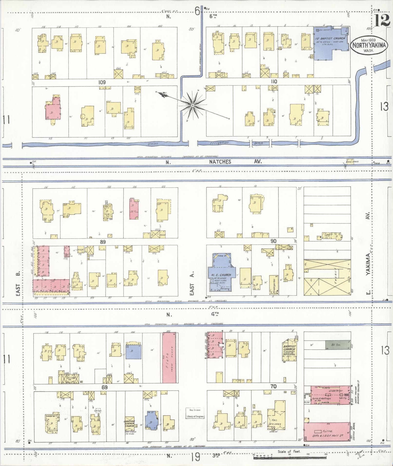 Sanborn Fire Insurance Map from North Yakima, Yakima County, Washington (1909), Sheet #0012 - Complete Map Set gallery image, historic Sanborn map, vintage wall art, Washington Washington