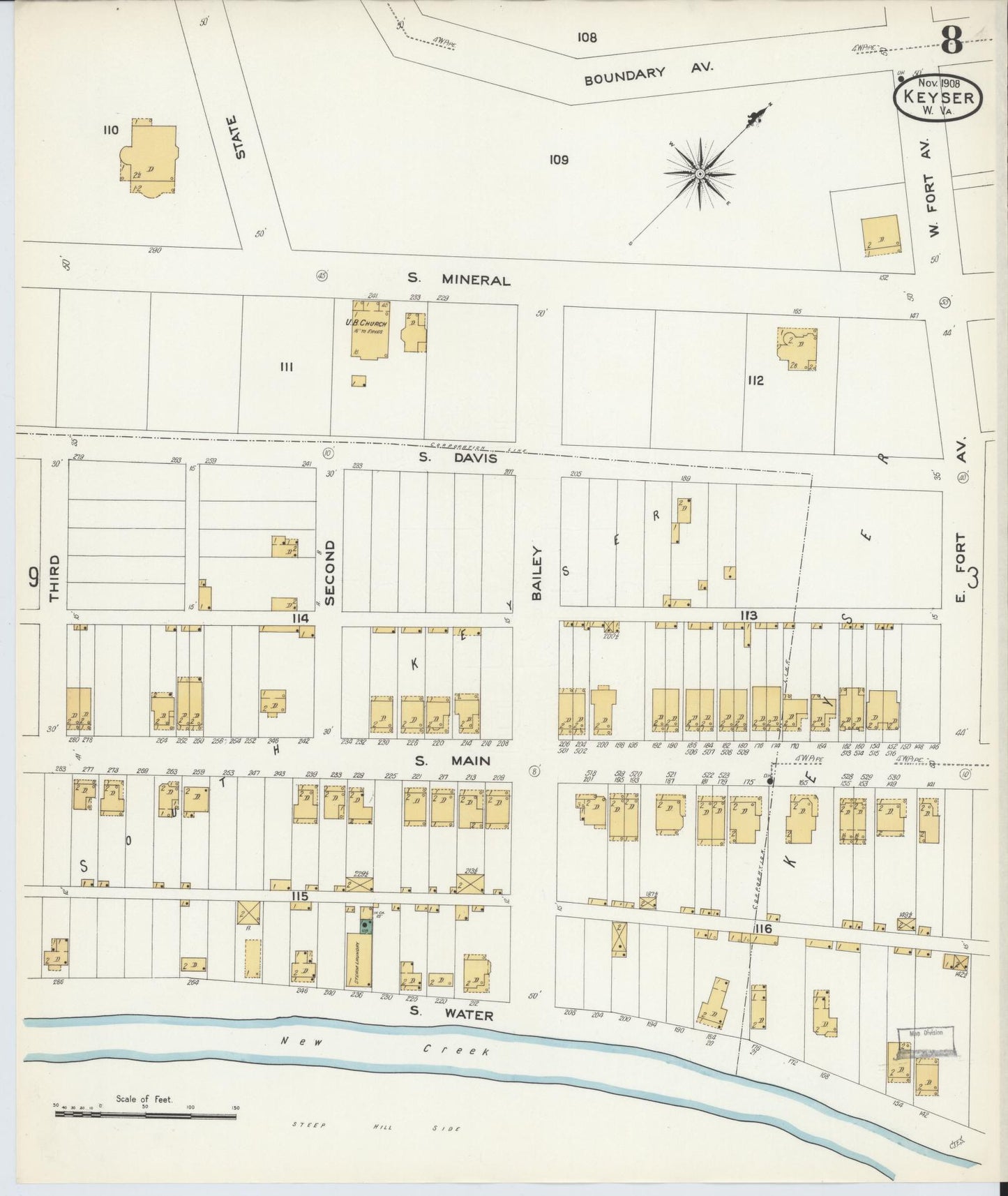 Sanborn Fire Insurance Map from Keyser, Mineral County, West Virginia (1908), Sheet #0008 - Complete Map Set gallery image, historic Sanborn map, vintage wall art, West Virginia West Virginia
