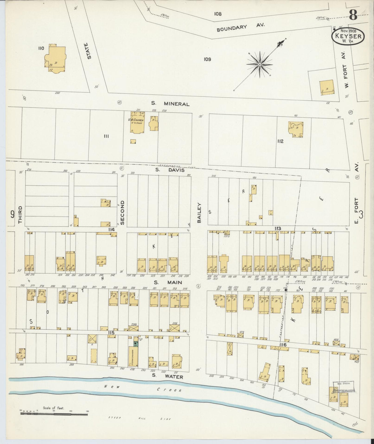 Sanborn Fire Insurance Map from Keyser, Mineral County, West Virginia (1908), Sheet #0008 - Complete Map Set gallery image, historic Sanborn map, vintage wall art, West Virginia West Virginia