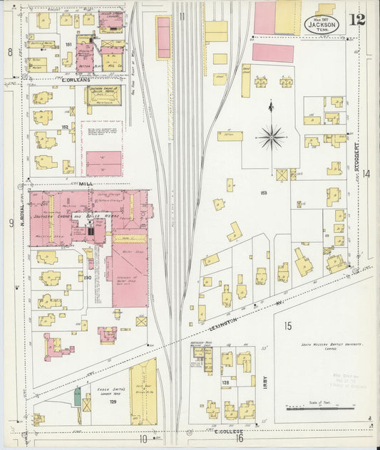 Sanborn Fire Insurance Map from Jackson, Madison County, Tennessee (1907), Sheet #0012 - Historic Sanborn Fire Insurance Map Print, vintage old map wall art, antique decor, genealogy gift, Tennessee Tennessee map