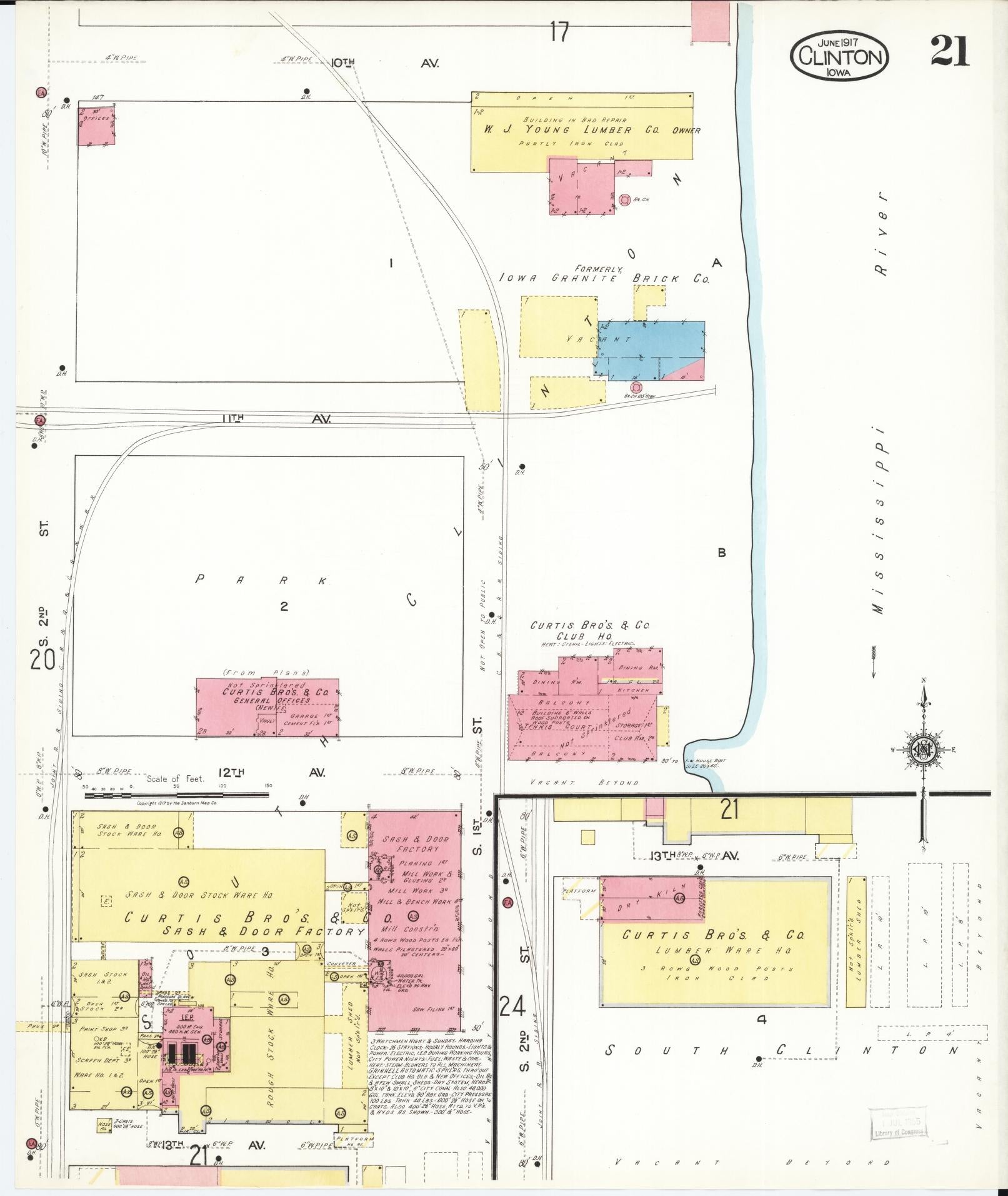 Sanborn Fire Insurance Map from Clinton, Clinton County, Iowa (1917), Sheet #0021 - Historic Sanborn Fire Insurance Map Print, vintage old map wall art