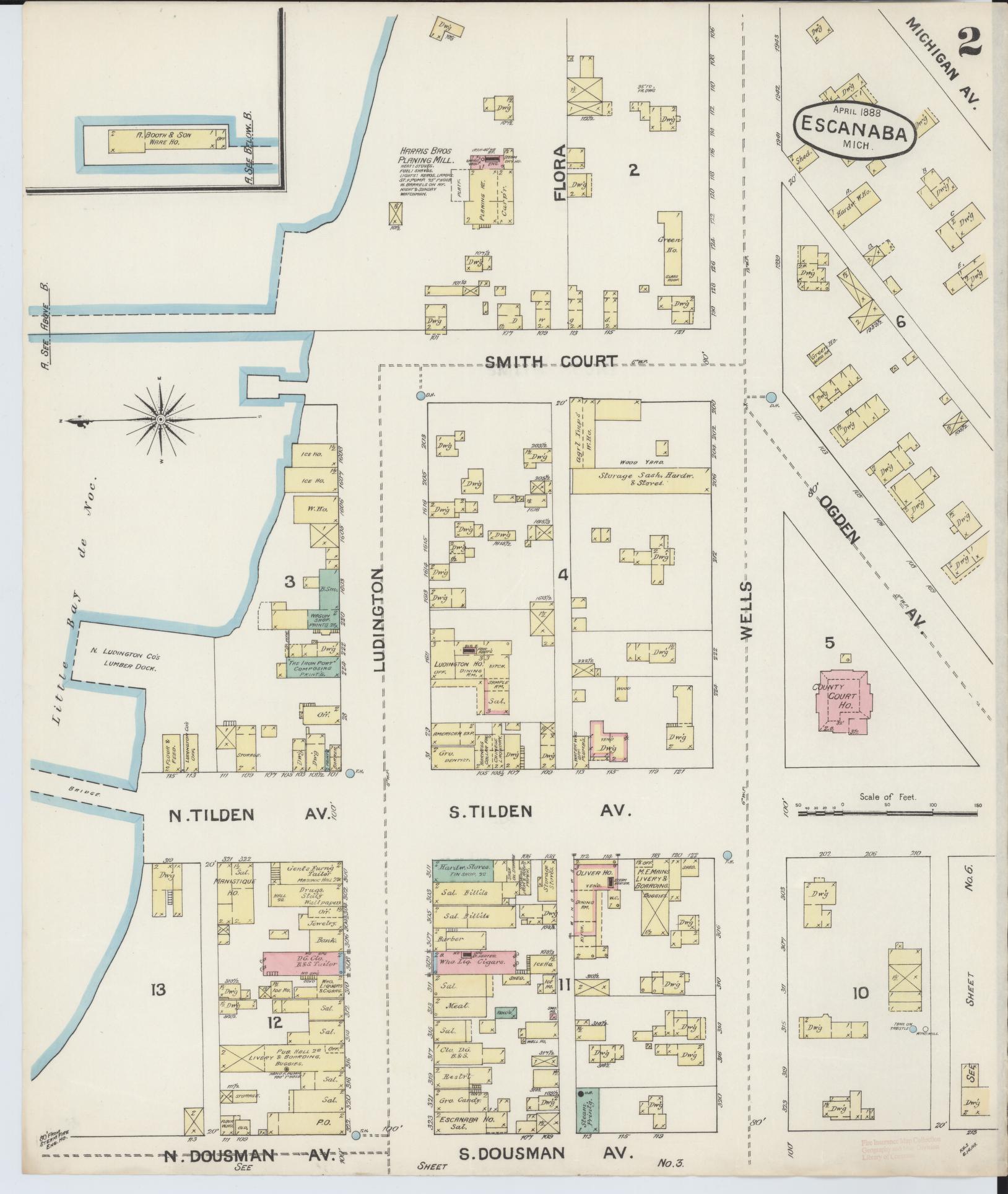 Sanborn Fire Insurance Map from Escanaba, Delta County, Michigan (1888), Sheet #0002 - Complete Map Set gallery image, historic Sanborn map, vintage wall art, Michigan Michigan