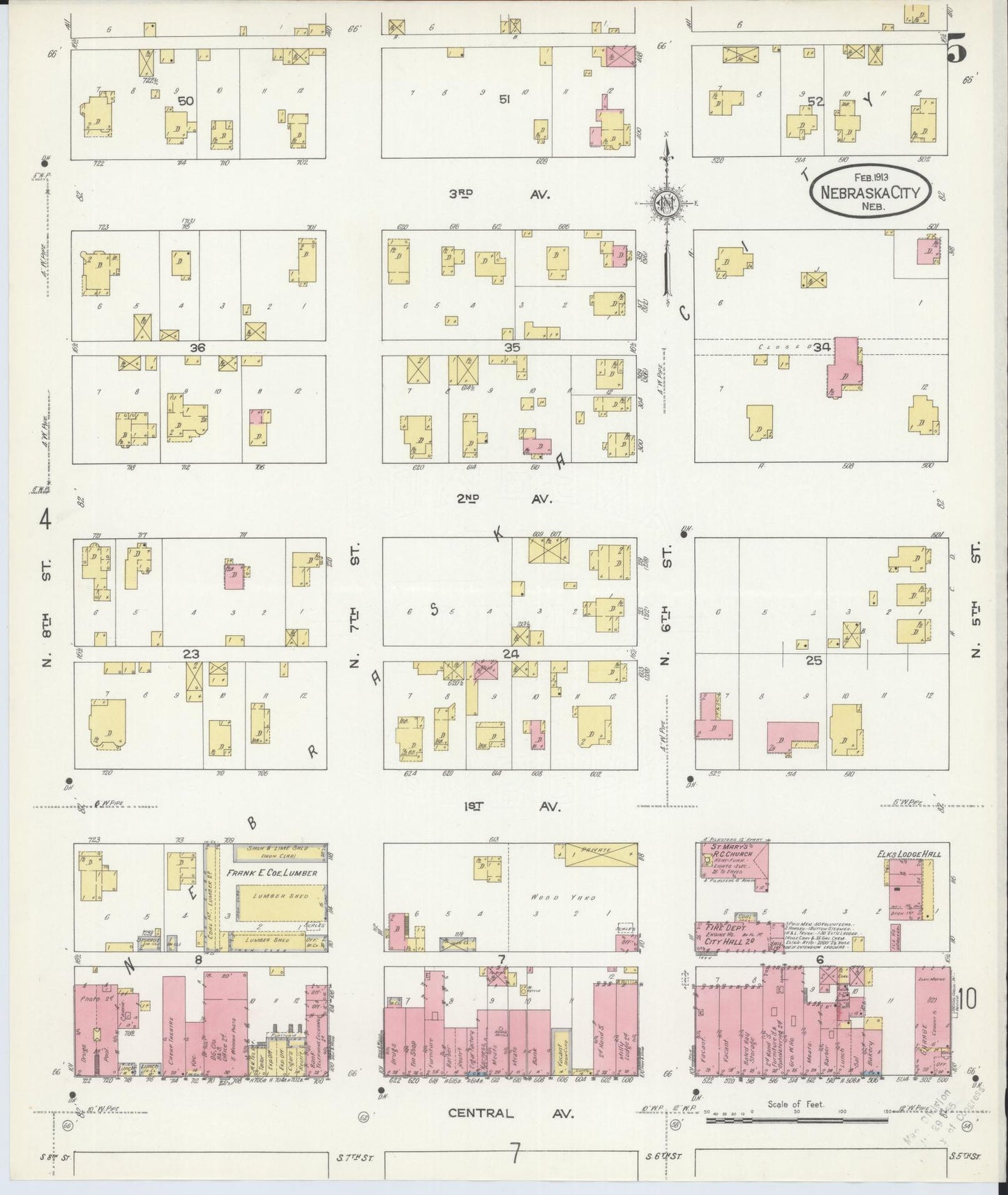 Sanborn Fire Insurance Map from Nebraska City, Otoe County, Nebraska (1913), Sheet #0005 - Complete Map Set gallery image, historic Sanborn map, vintage wall art, Nebraska Nebraska