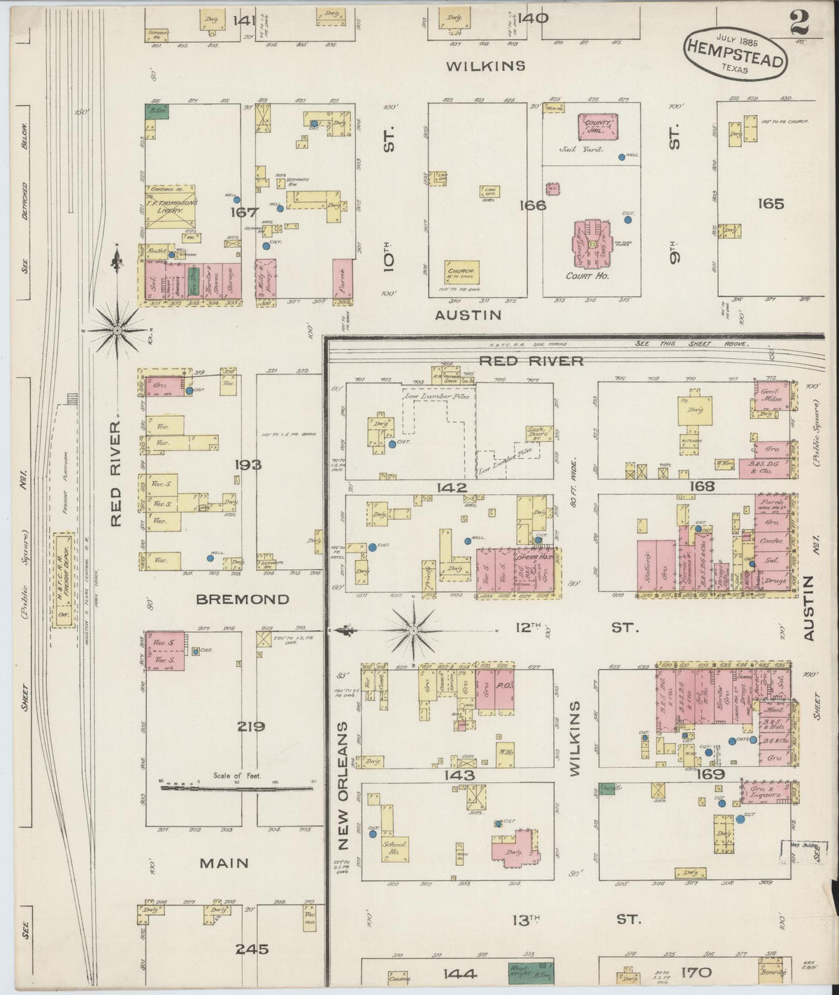 Sanborn Fire Insurance Map from Hempstead, Waller County, Texas (1885), Sheet #0002 - Historic Sanborn Fire Insurance Map Print, vintage old map wall art, antique decor, genealogy gift, Texas Texas map
