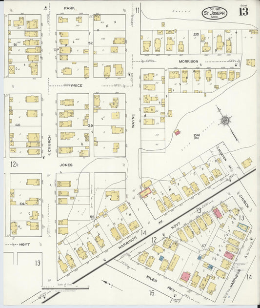 Sanborn Fire Insurance Map from Saint Joseph, Berrien County, Michigan (1921), Sheet #0013 - Historic Sanborn Fire Insurance Map Print, vintage old map wall art, antique decor, genealogy gift, Michigan Michigan map