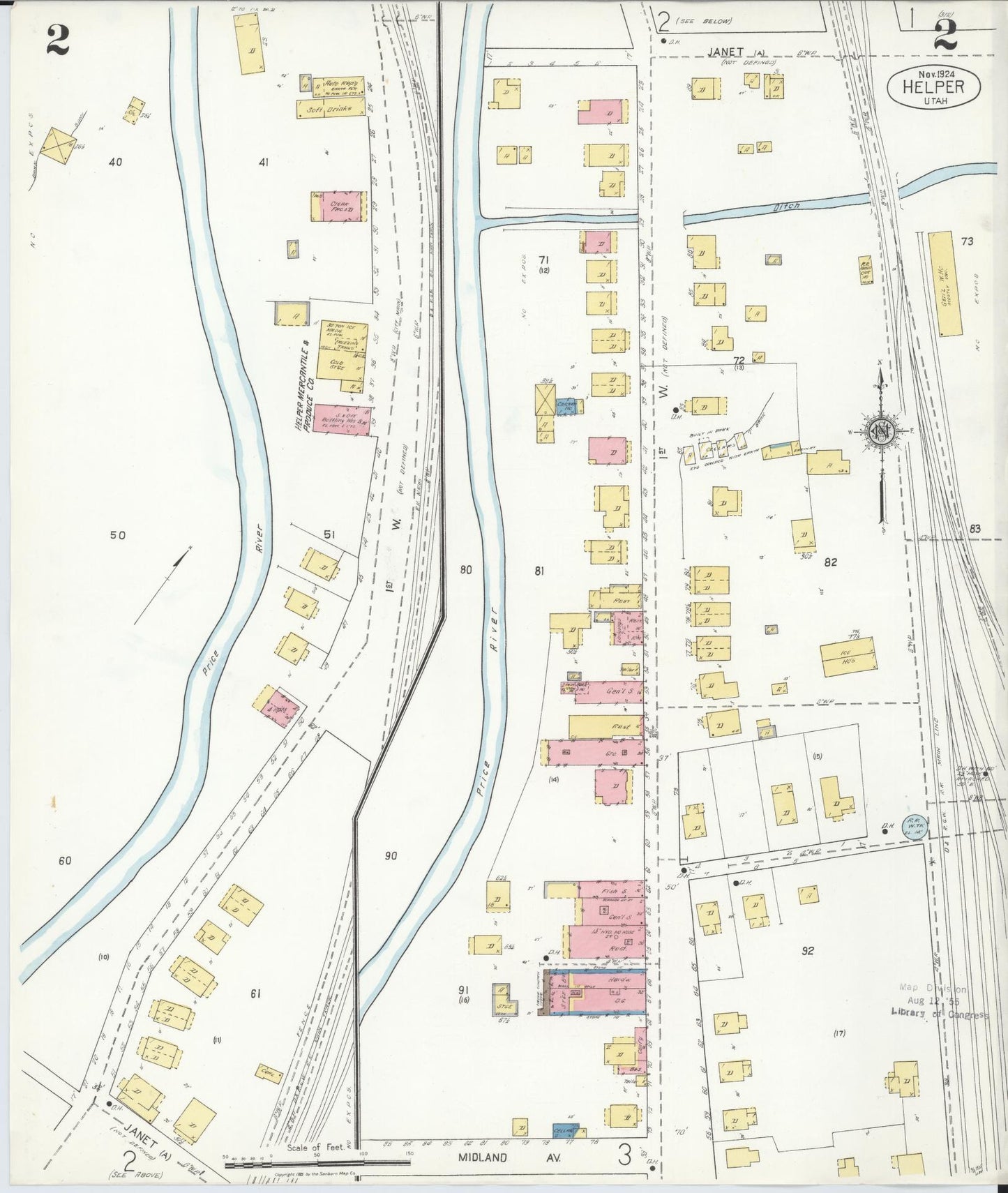 Sanborn Fire Insurance Map from Helper, Carbon County, Utah (1924), Sheet #0002 - Complete Map Set gallery image, historic Sanborn map, vintage wall art, Utah Utah