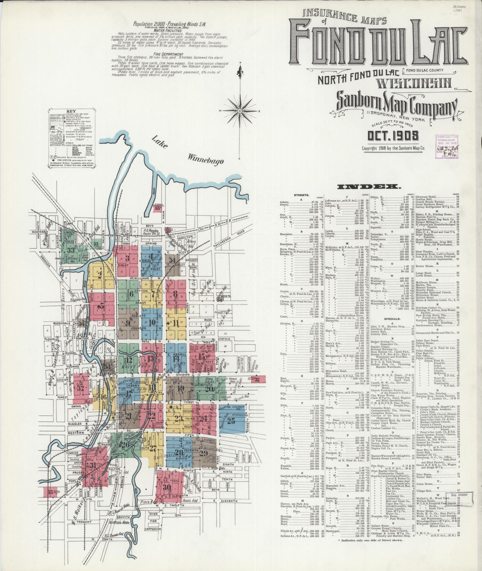 Sanborn Fire Insurance Map from Fond du Lac, Fond du Lac County, Wisconsin (1908), Sheet #0001 - Complete Map Set gallery image, historic Sanborn map, vintage wall art, Wisconsin Wisconsin