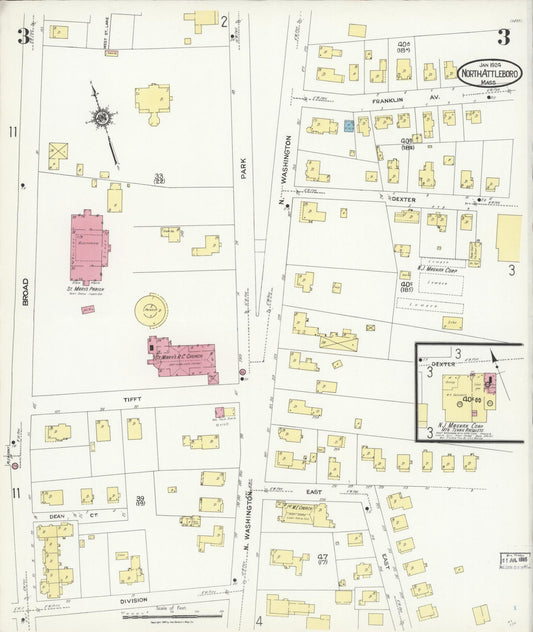 Sanborn Fire Insurance Map from North Attleborough, Bristol County, Massachusetts (1924), Sheet #0003 - Historic Sanborn Fire Insurance Map Print, vintage old map wall art, antique decor, genealogy gift, Massachusetts Massachusetts map