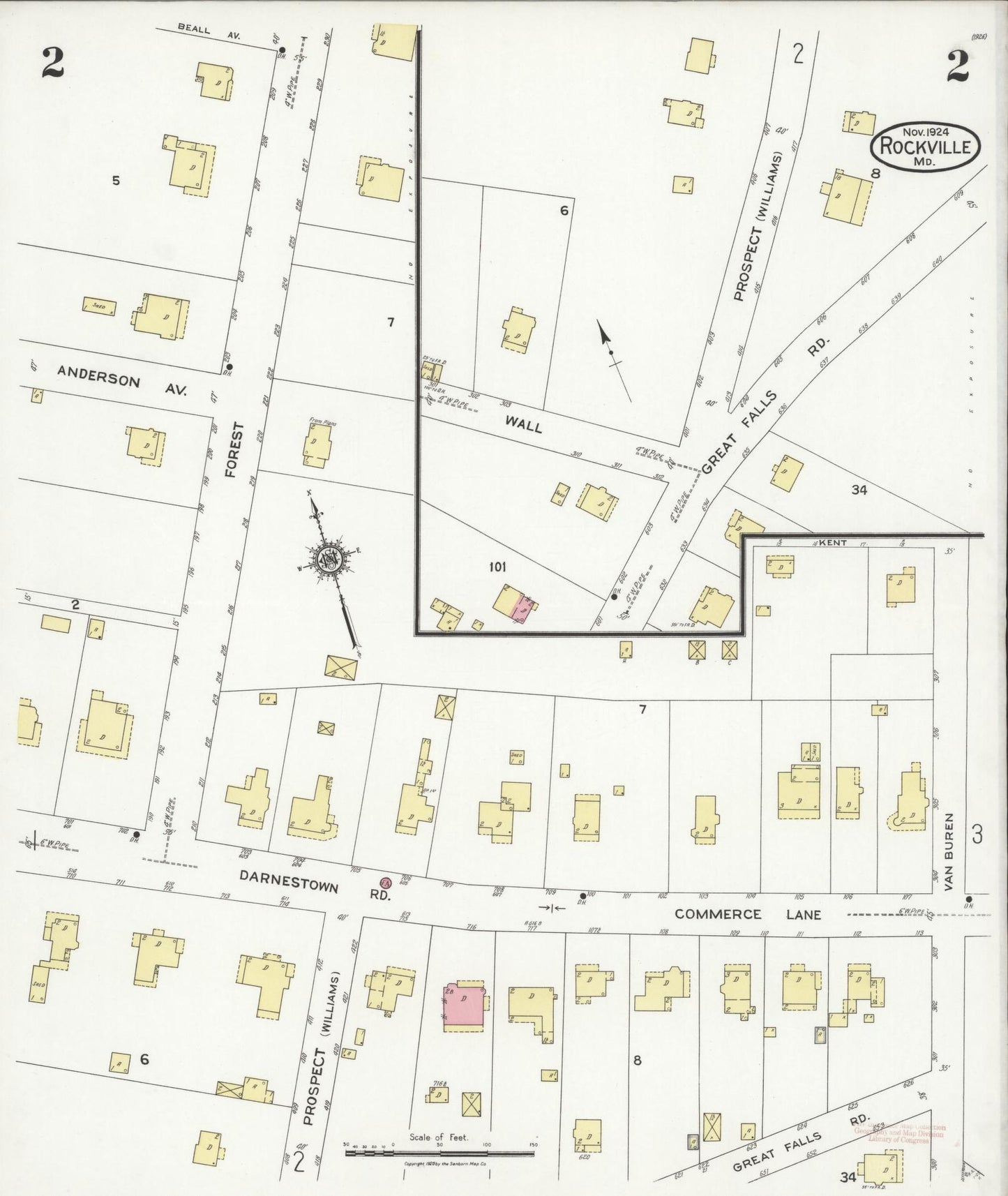 Sanborn Fire Insurance Map from Rockville, Montgomery County, Maryland (1924), Sheet #0002 - Historic Sanborn Fire Insurance Map Print, vintage old map wall art