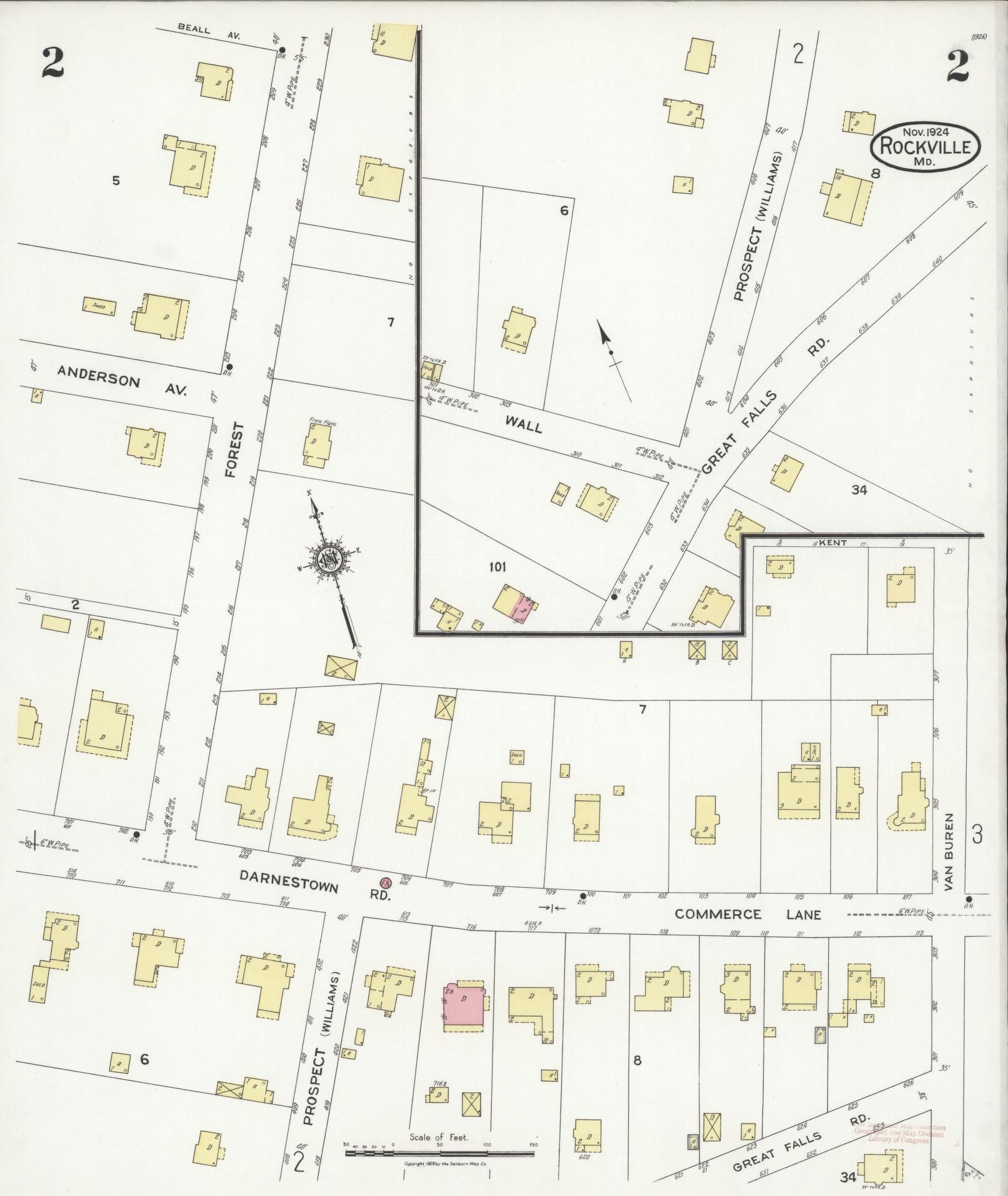 Sanborn Fire Insurance Map from Rockville, Montgomery County, Maryland (1924), Sheet #0002 - Historic Sanborn Fire Insurance Map Print, vintage old map wall art
