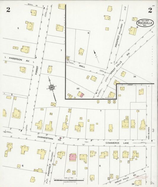 Sanborn Fire Insurance Map from Rockville, Montgomery County, Maryland (1924), Sheet #0002 - Historic Sanborn Fire Insurance Map Print, vintage old map wall art