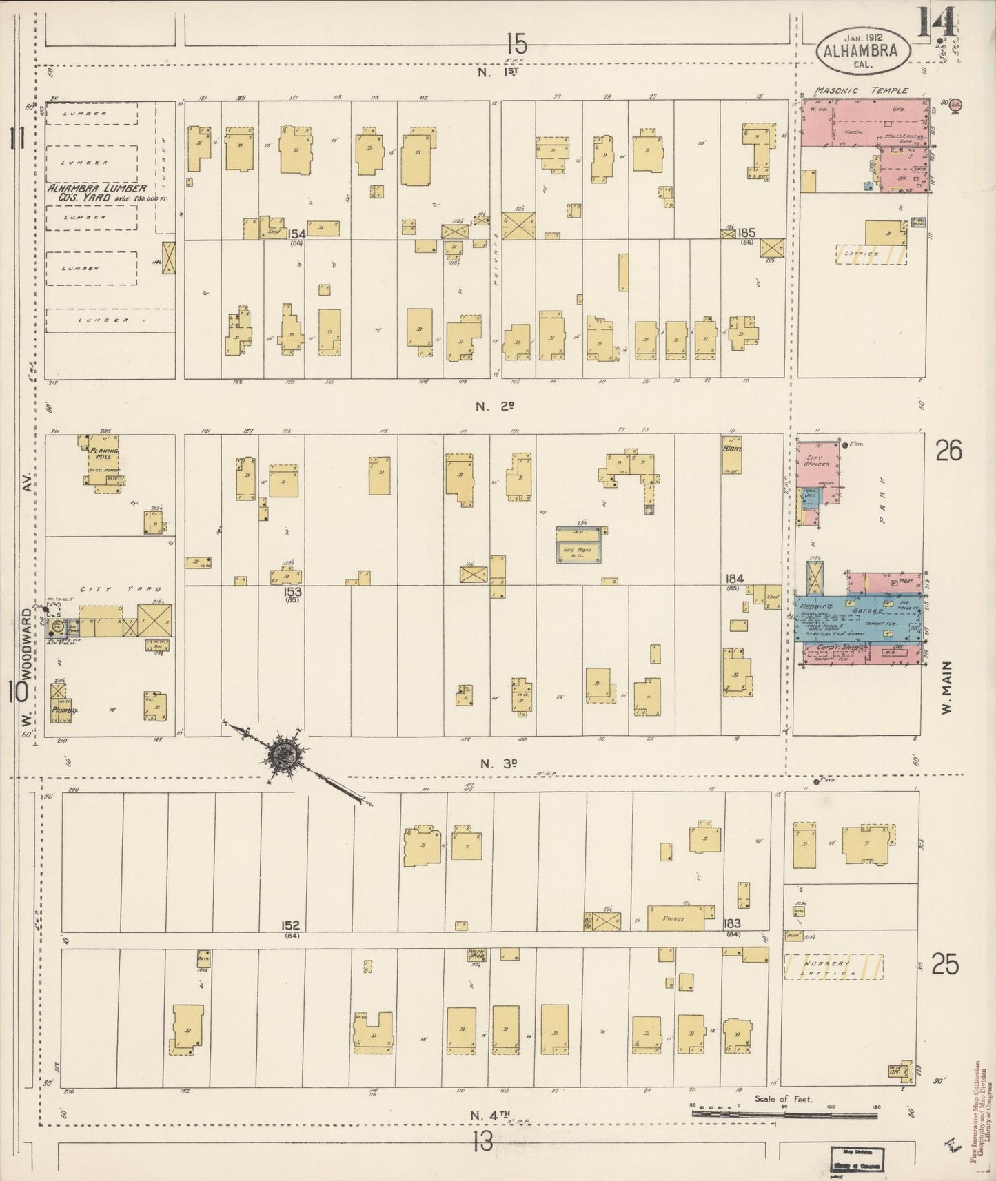 Sanborn Fire Insurance Map from Alhambra, Los Angeles County, California (1912), Sheet #0014 - Historic Sanborn Fire Insurance Map Print, vintage old map wall art, antique decor, genealogy gift, California California map