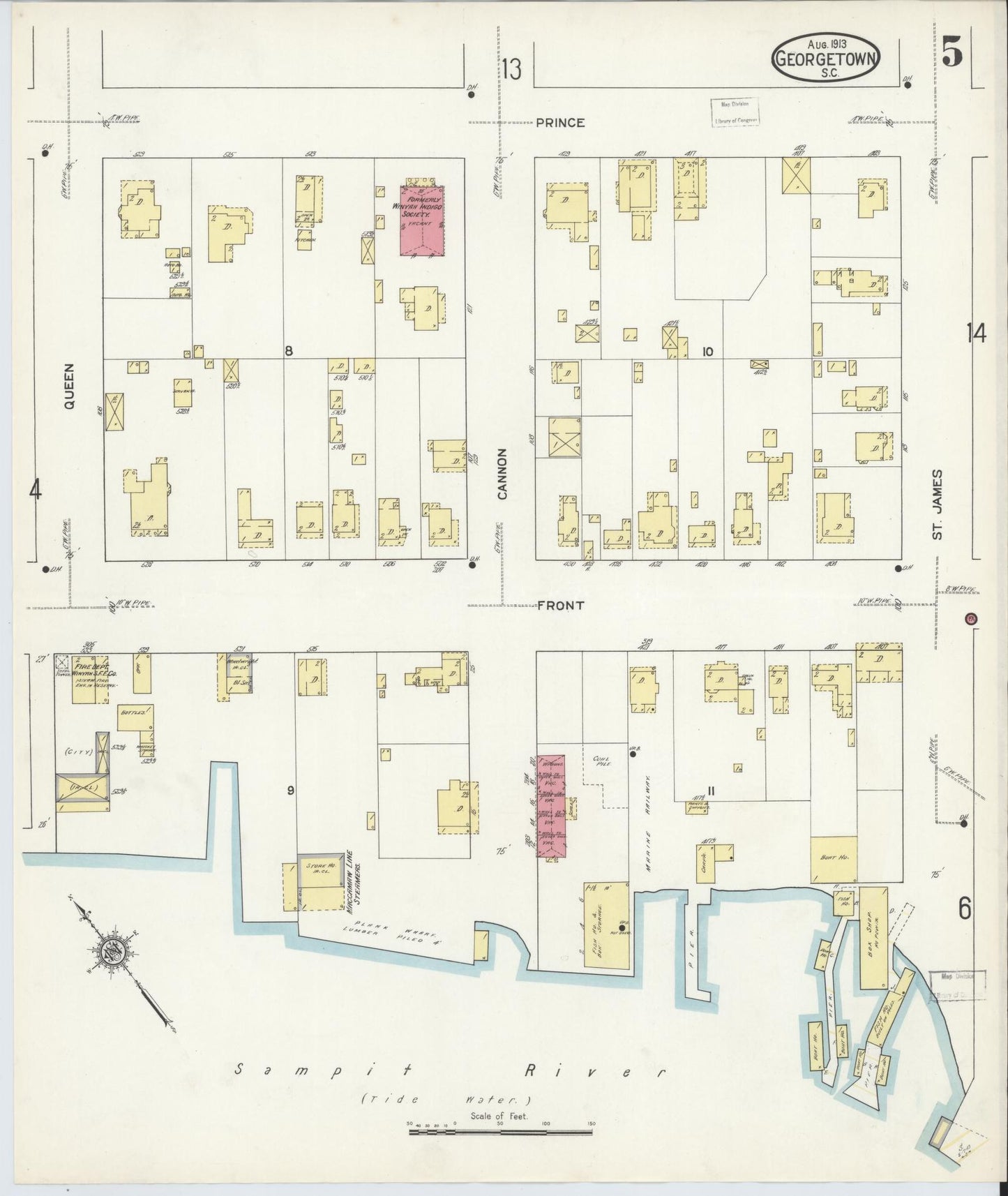 Sanborn Fire Insurance Map from Georgetown, Georgetown County, South Carolina (1913), Sheet #0005 - Historic Sanborn Fire Insurance Map Print, vintage old map wall art, antique decor, genealogy gift, South Carolina South Carolina map