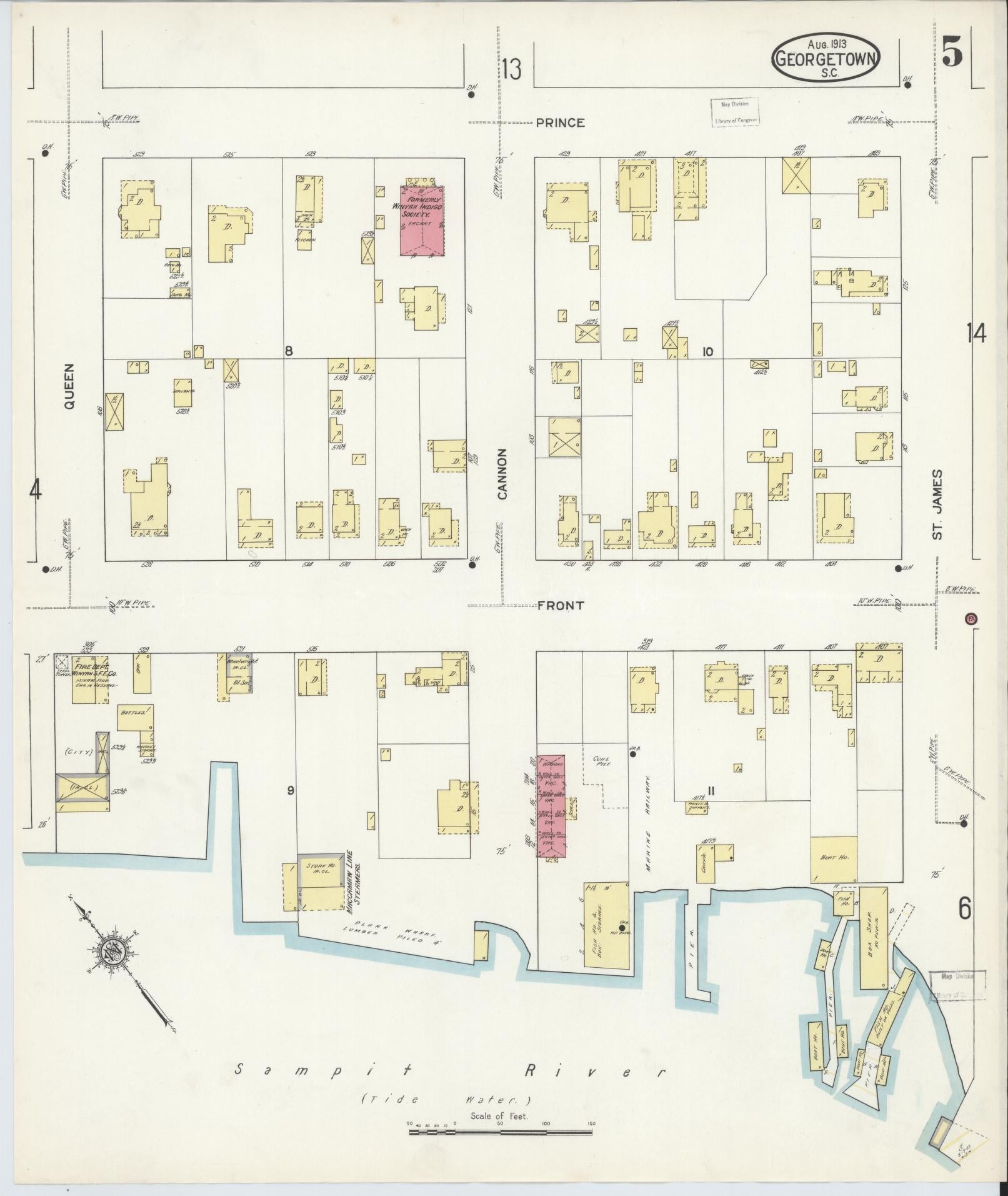 Sanborn Fire Insurance Map from Georgetown, Georgetown County, South Carolina (1913), Sheet #0005 - Historic Sanborn Fire Insurance Map Print, vintage old map wall art, antique decor, genealogy gift, South Carolina South Carolina map