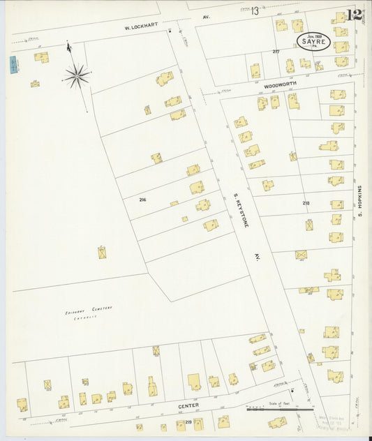 Sanborn Fire Insurance Map from Sayre, Bradford County, Pennsylvania (1909), Sheet #0012 - Historic Sanborn Fire Insurance Map Print, vintage old map wall art, antique decor, genealogy gift, Pennsylvania Pennsylvania map
