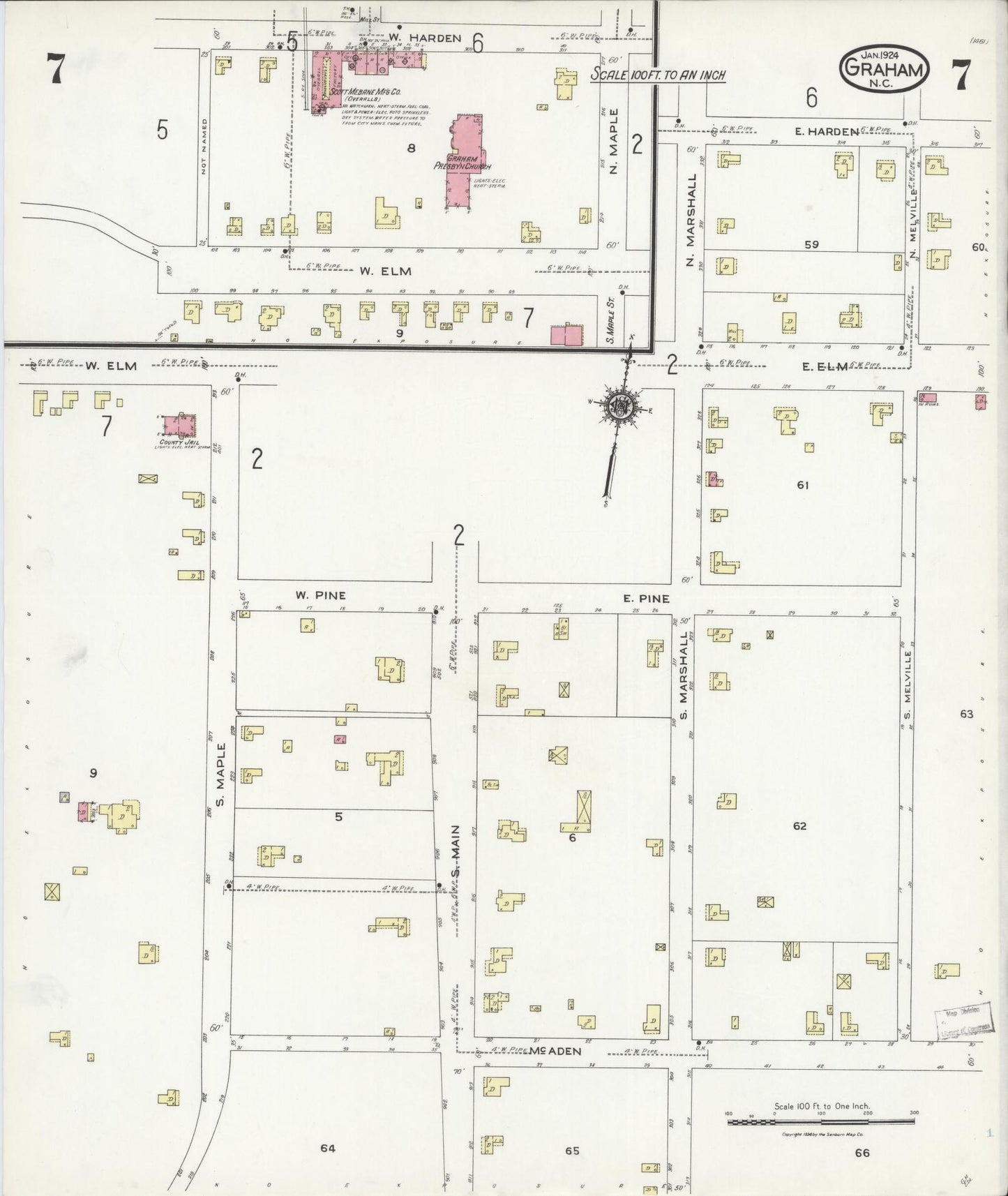 Sanborn Fire Insurance Map from Graham, Alamance County, North Carolina (1924), Sheet #0007 - Complete Map Set gallery image, historic Sanborn map, vintage wall art, North Carolina North Carolina