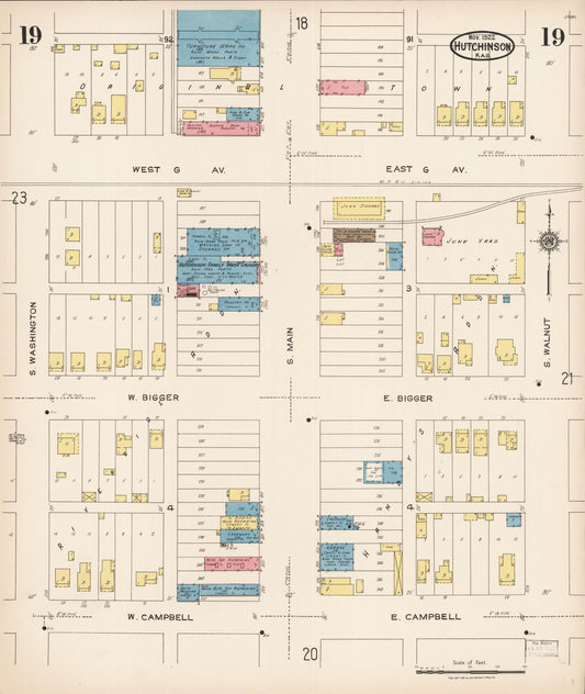 Sanborn Fire Insurance Map from Hutchinson, Reno County, Kansas (1922), Sheet #0020 - Historic Sanborn Fire Insurance Map Print, vintage old map wall art, antique decor, genealogy gift, Kansas Kansas map