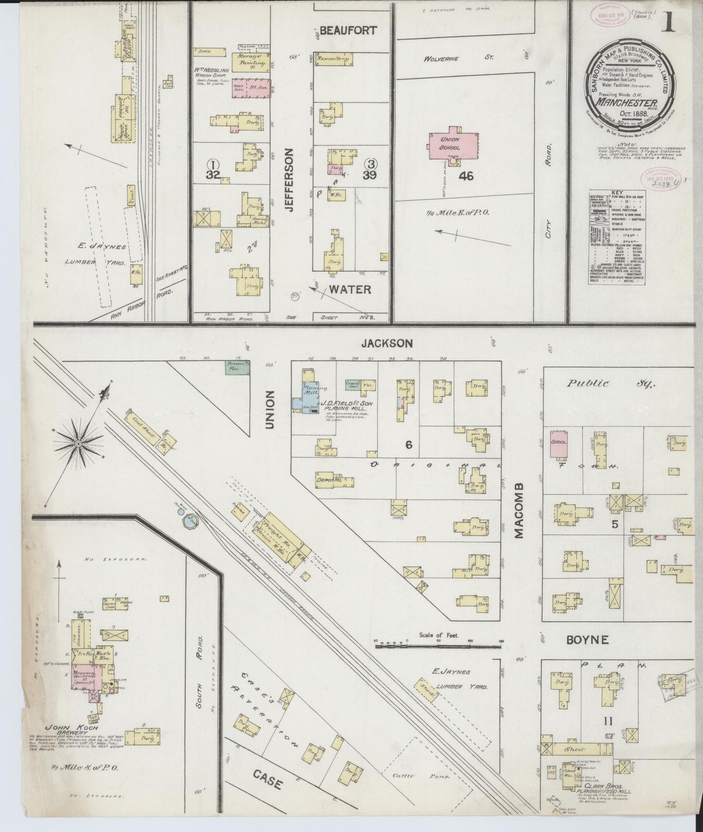 Sanborn Fire Insurance Map from Manchester, Washtenaw County, Michigan (1888), Sheet #0001 - Complete Map Set gallery image, historic Sanborn map, vintage wall art, Michigan Michigan