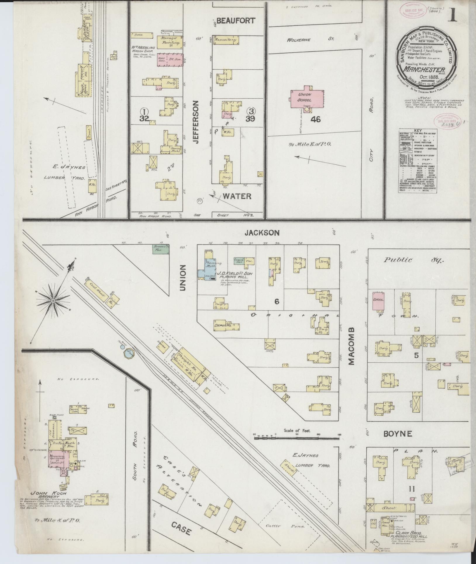 Sanborn Fire Insurance Map from Manchester, Washtenaw County, Michigan (1888), Sheet #0001 - Complete Map Set gallery image, historic Sanborn map, vintage wall art, Michigan Michigan