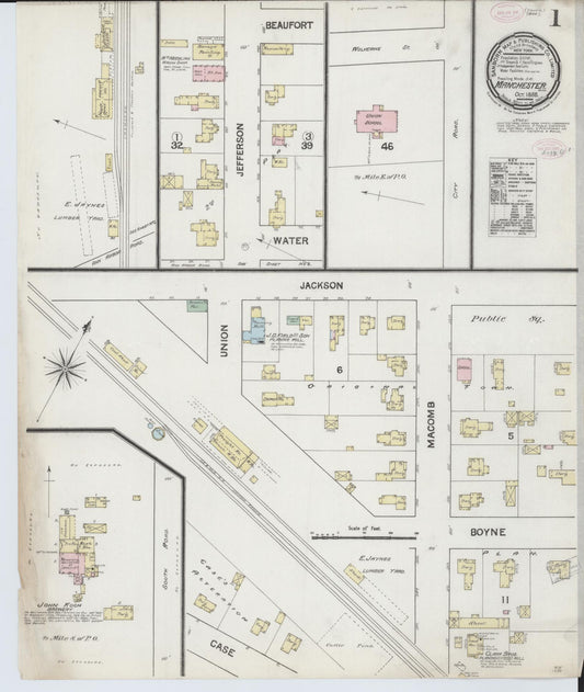 Sanborn Fire Insurance Map from Manchester, Washtenaw County, Michigan (1888), Sheet #0001 - Complete Map Set gallery image, historic Sanborn map, vintage wall art, Michigan Michigan