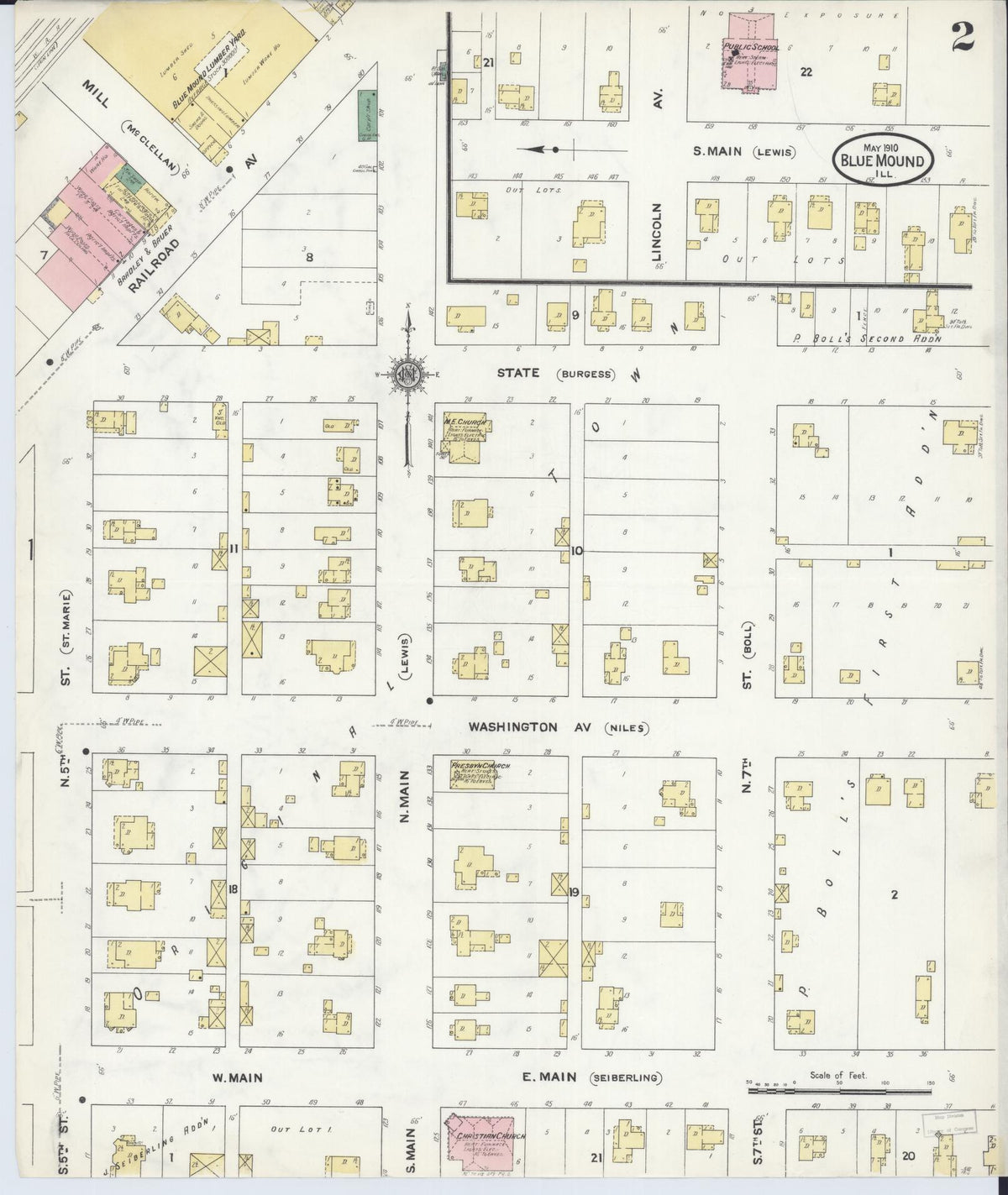 Sanborn Fire Insurance Map from Blue Mound, Macon County, Illinois (1910), Sheet #0002 - Historic Sanborn Fire Insurance Map Print, vintage old map wall art, antique decor, genealogy gift, Illinois Illinois map