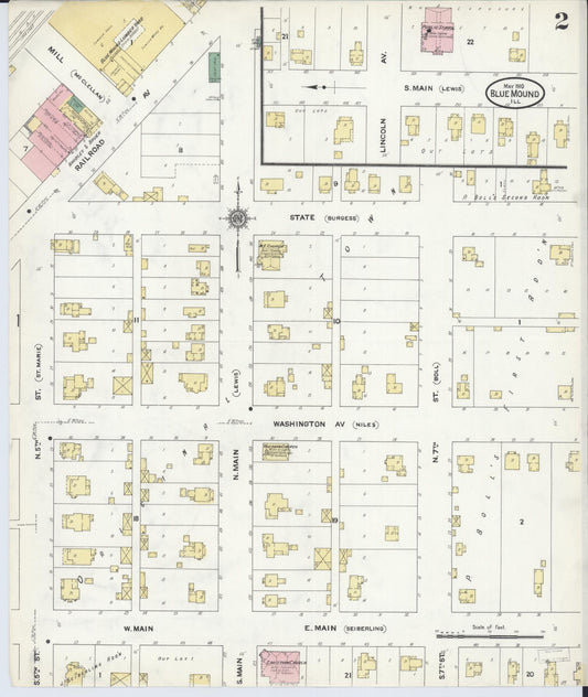 Sanborn Fire Insurance Map from Blue Mound, Macon County, Illinois (1910), Sheet #0002 - Historic Sanborn Fire Insurance Map Print, vintage old map wall art, antique decor, genealogy gift, Illinois Illinois map