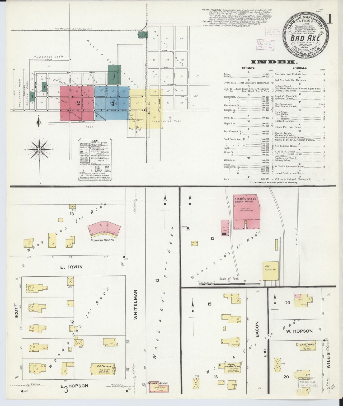 Sanborn Fire Insurance Map from Bad Axe, Huron County, Michigan (1909), Sheet #0001 - Historic Sanborn Fire Insurance Map Print, vintage old map wall art, antique decor, genealogy gift, Michigan Michigan map