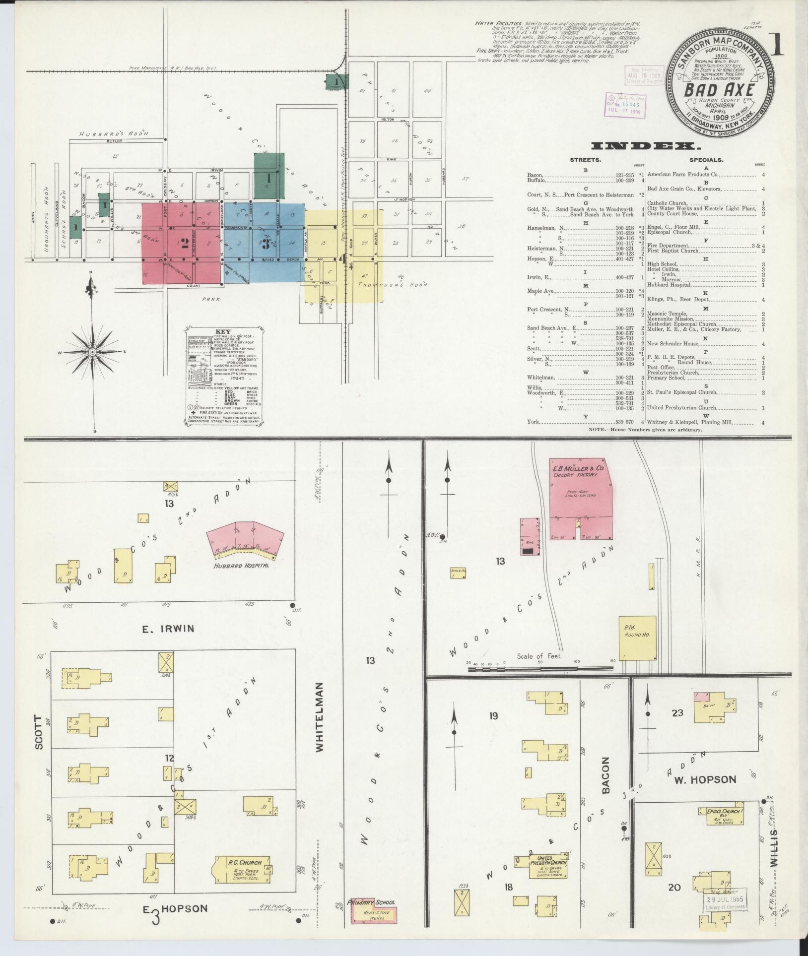 Sanborn Fire Insurance Map from Bad Axe, Huron County, Michigan (1909), Sheet #0001 - Historic Sanborn Fire Insurance Map Print, vintage old map wall art, antique decor, genealogy gift, Michigan Michigan map