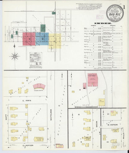 Sanborn Fire Insurance Map from Bad Axe, Huron County, Michigan (1909), Sheet #0001 - Historic Sanborn Fire Insurance Map Print, vintage old map wall art, antique decor, genealogy gift, Michigan Michigan map