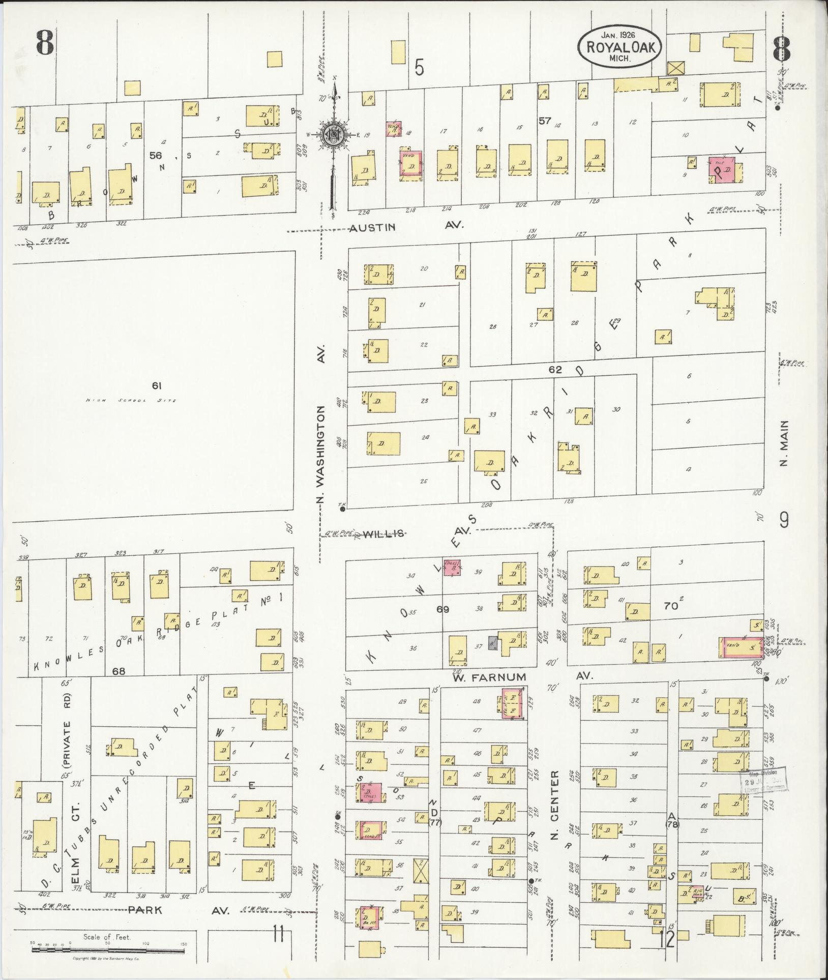 Sanborn Fire Insurance Map from Royal Oak, Oakland County, Michigan (1926), Sheet #0008 - Historic Sanborn Fire Insurance Map Print, vintage old map wall art, antique decor, genealogy gift, Michigan Michigan map