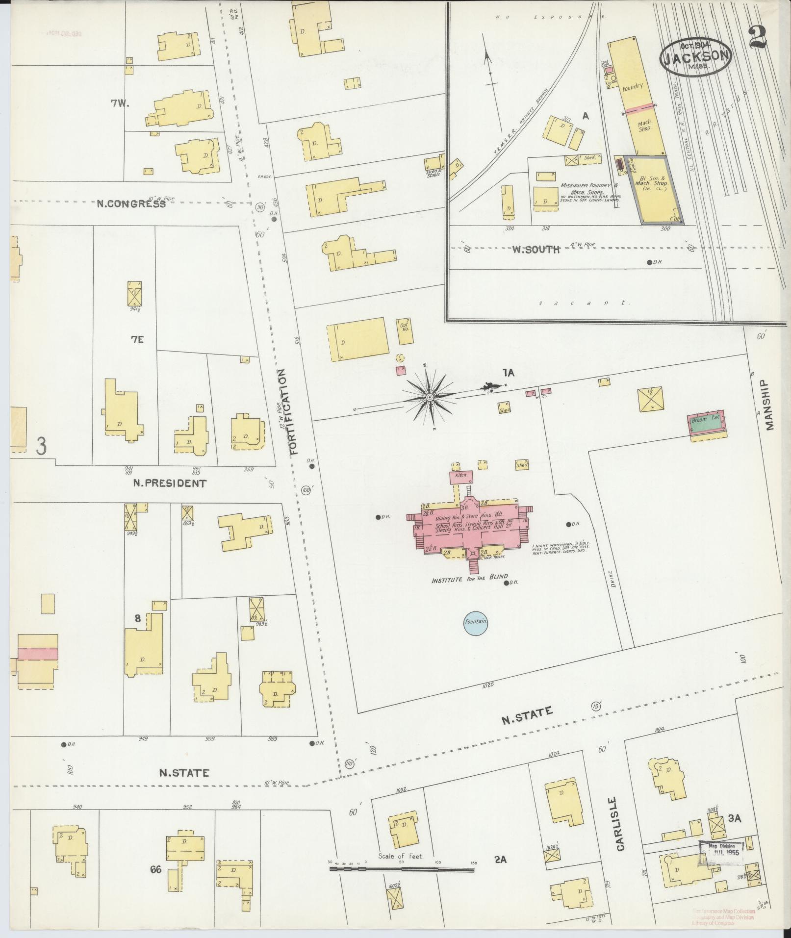 Sanborn Fire Insurance Map from Jackson, Hinds County, Mississippi (1904), Sheet #0002 - Historic Sanborn Fire Insurance Map Print, vintage old map wall art, antique decor, genealogy gift, Mississippi Mississippi map