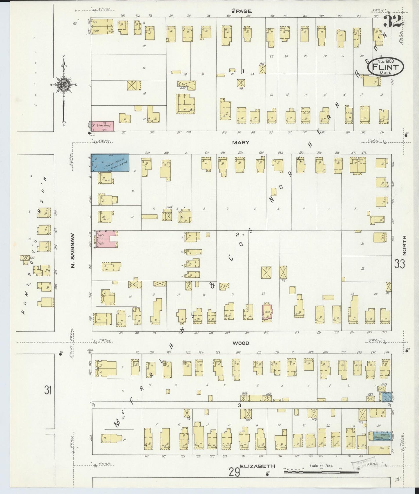 Sanborn Fire Insurance Map from Flint, Genesee County, Michigan (1909), Sheet #0032 - Historic Sanborn Fire Insurance Map Print, vintage old map wall art, antique decor, genealogy gift, Michigan Michigan map
