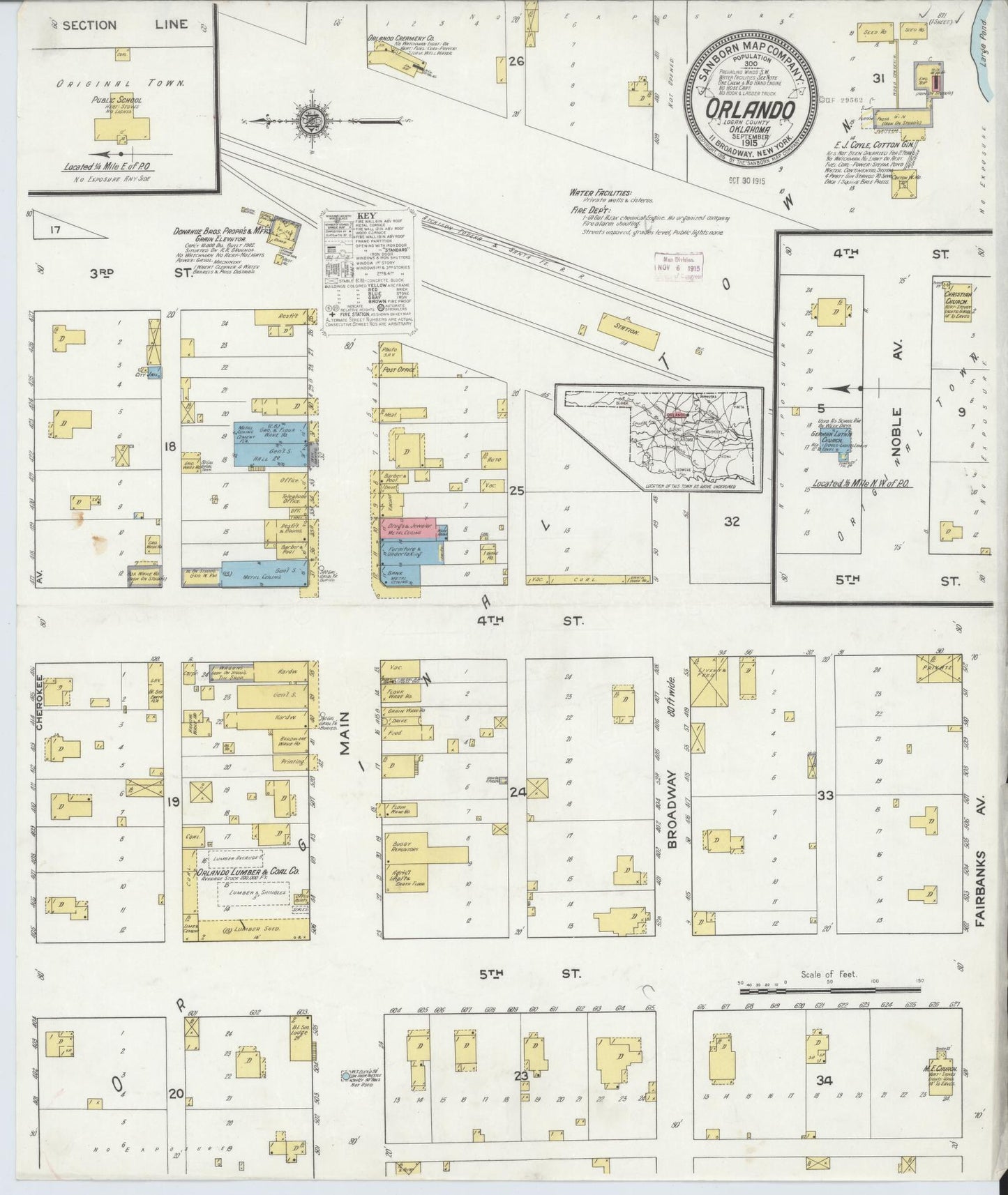 Sanborn Fire Insurance Map from Orlando, Logan County, Oklahoma (1915), Sheet #0001 - Historic Sanborn Fire Insurance Map Print, vintage old map wall art, antique decor, genealogy gift, Oklahoma Oklahoma map