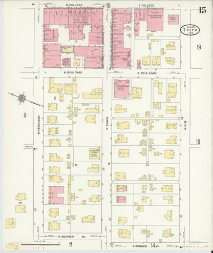 Sanborn Fire Insurance Map from Tyler, Smith County, Texas (1912), Sheet #0015 - Complete Map Set gallery image, historic Sanborn map, vintage wall art, Texas Texas