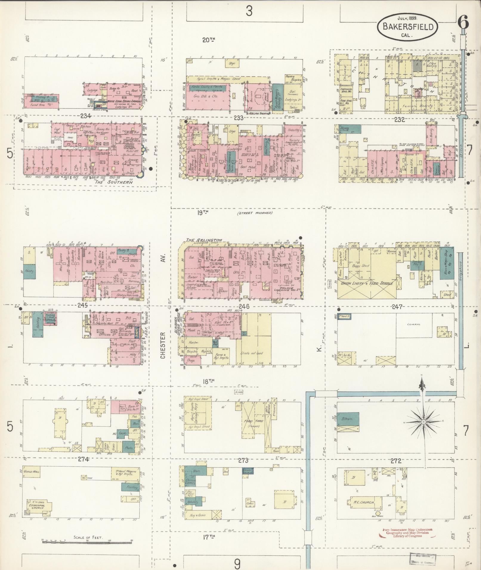Sanborn Fire Insurance Map from Bakersfield, Kern County, California (1899), Sheet #0006 - Historic Sanborn Fire Insurance Map Print, vintage old map wall art, antique decor, genealogy gift, California California map