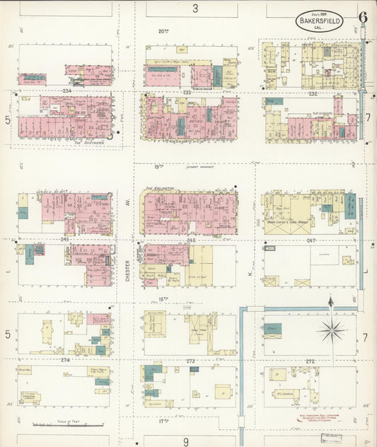 Sanborn Fire Insurance Map from Bakersfield, Kern County, California (1899), Sheet #0006 - Historic Sanborn Fire Insurance Map Print, vintage old map wall art, antique decor, genealogy gift, California California map