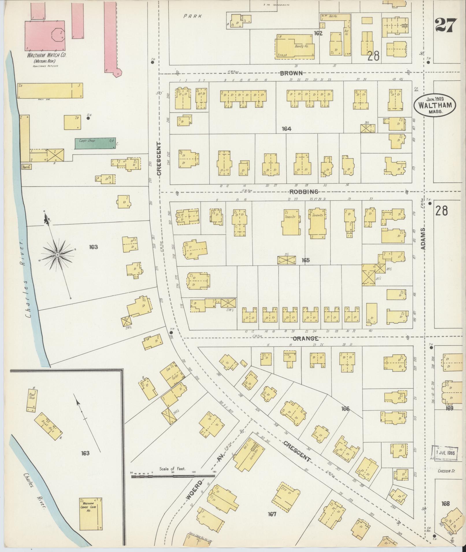 Sanborn Fire Insurance Map from Waltham, Middlesex County, Massachusetts (1903), Sheet #0027 - Complete Map Set gallery image, historic Sanborn map, vintage wall art, Massachusetts Massachusetts