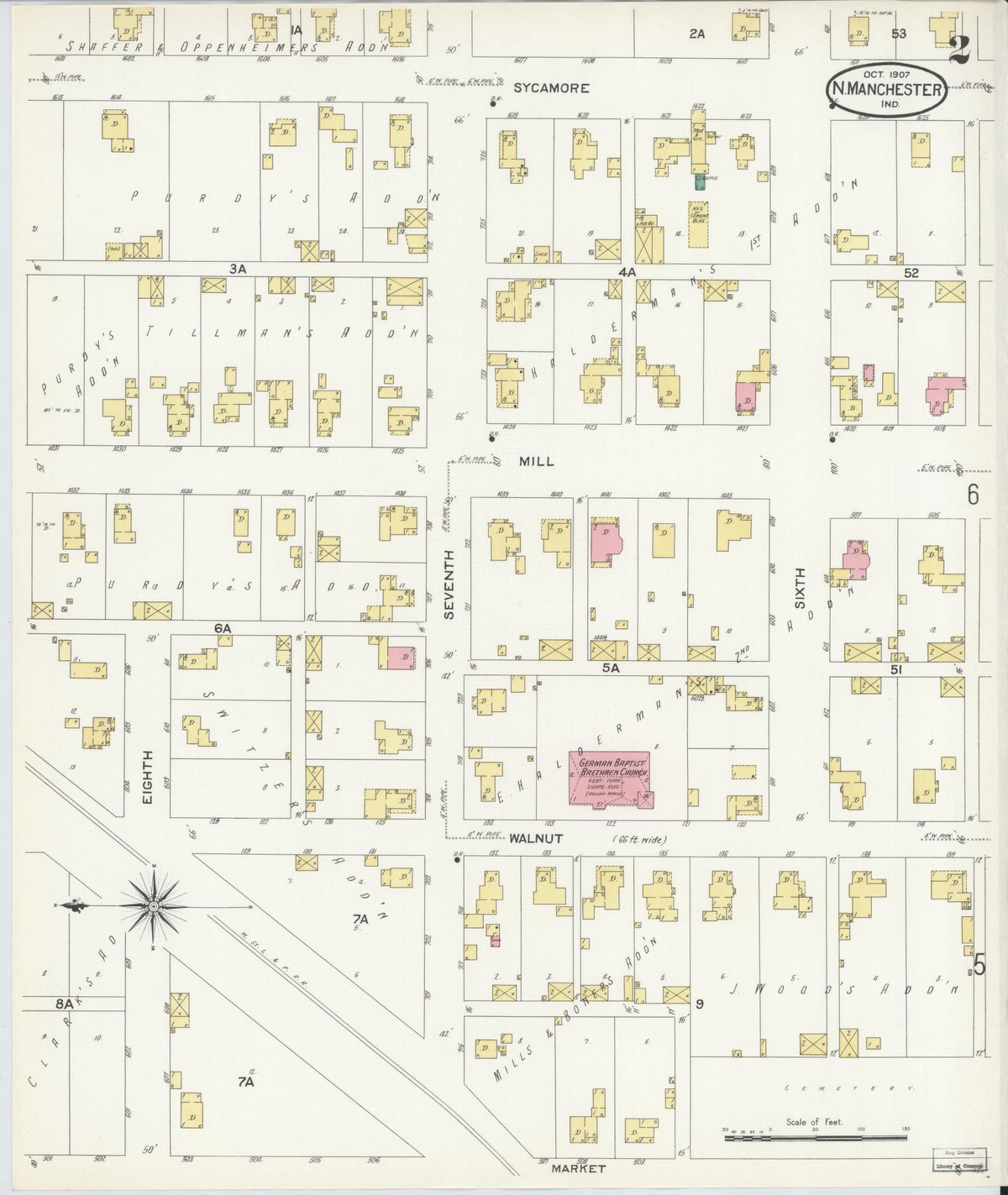Sanborn Fire Insurance Map from North Manchester, Wabash County, Indiana (1907), Sheet #0002 - Complete Map Set gallery image, historic Sanborn map, vintage wall art, Indiana Indiana
