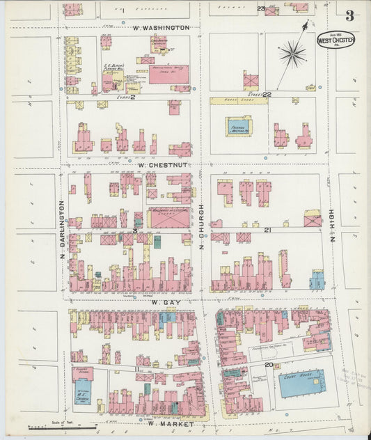 Sanborn Fire Insurance Map from West Chester, Chester County, Pennsylvania (1891), Sheet #0003 - Historic Sanborn Fire Insurance Map Print, vintage old map wall art, antique decor, genealogy gift, Pennsylvania Pennsylvania map