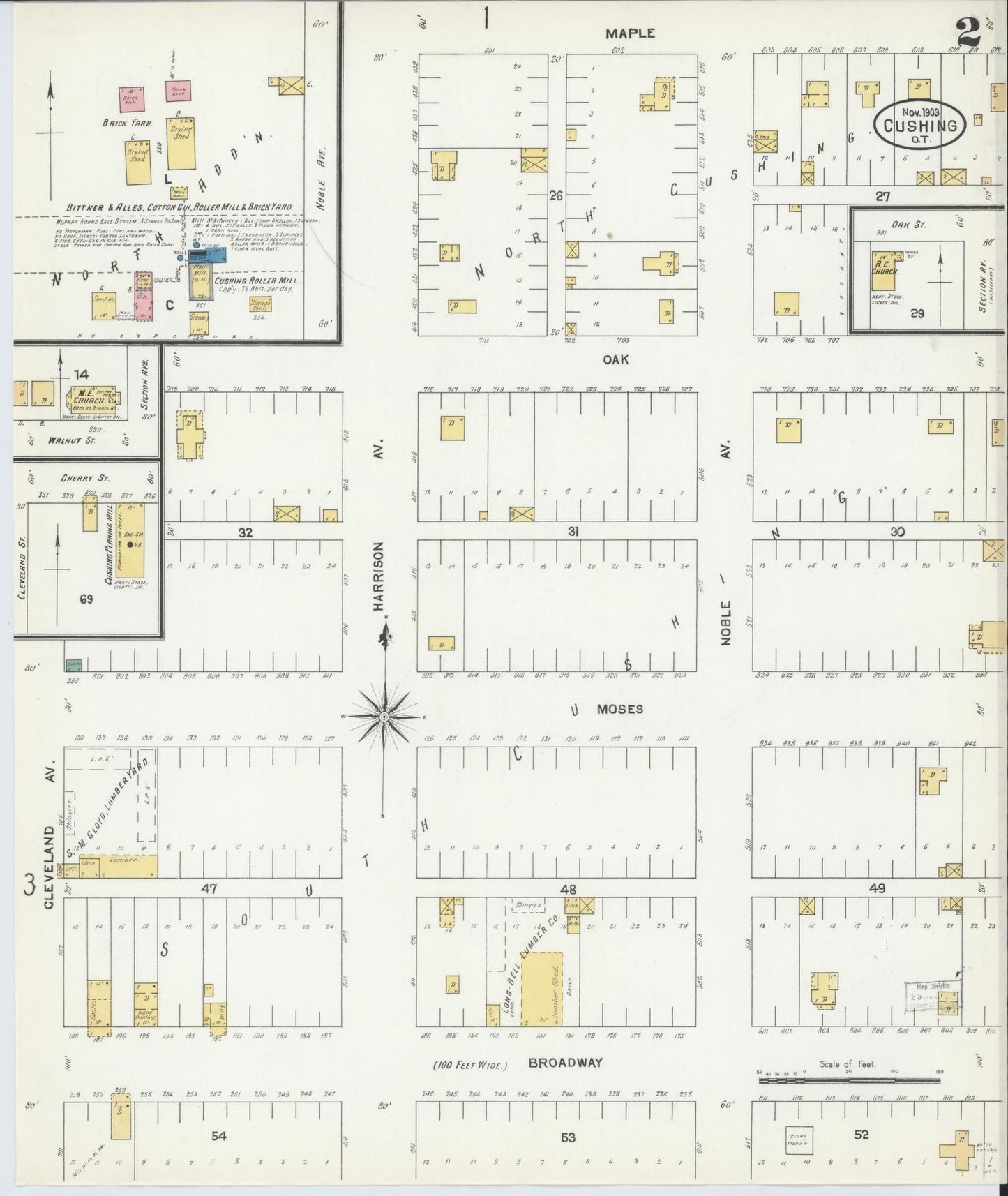Sanborn Fire Insurance Map from Cushing, Payne County, Oklahoma (1903), Sheet #0002 - Complete Map Set gallery image, historic Sanborn map, vintage wall art, Oklahoma Oklahoma