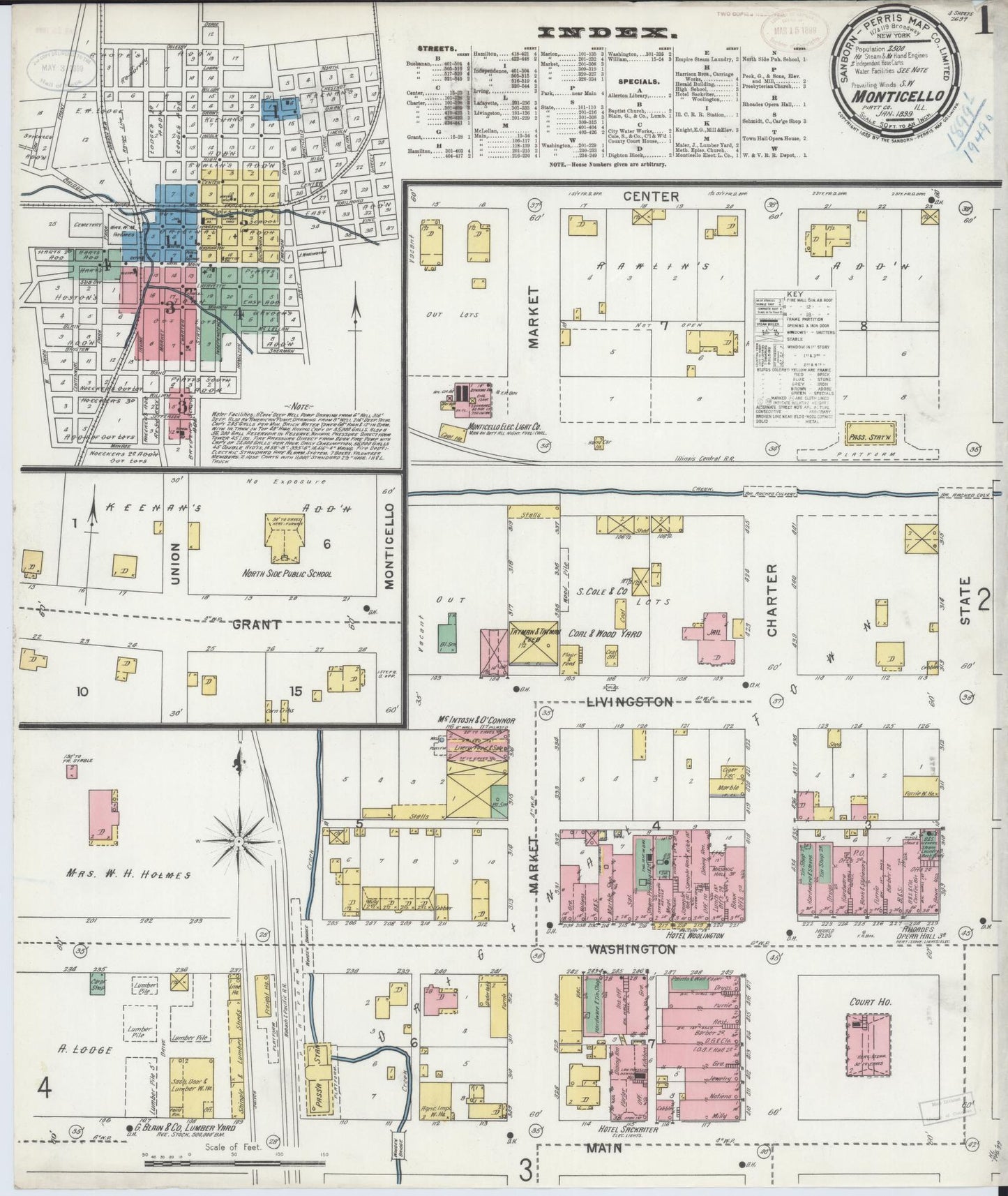 Sanborn Fire Insurance Map from Monticello, Piatt County, Illinois (1899), Sheet #0001 - Historic Sanborn Fire Insurance Map Print, vintage old map wall art, antique decor, genealogy gift, Illinois Illinois map