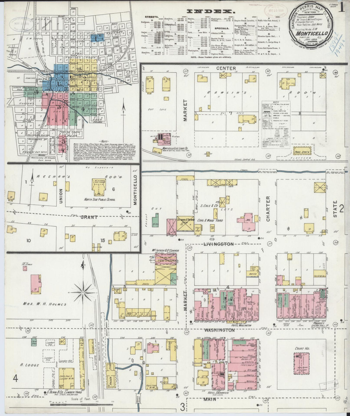 Sanborn Fire Insurance Map from Monticello, Piatt County, Illinois (1899), Sheet #0001 - Historic Sanborn Fire Insurance Map Print, vintage old map wall art, antique decor, genealogy gift, Illinois Illinois map