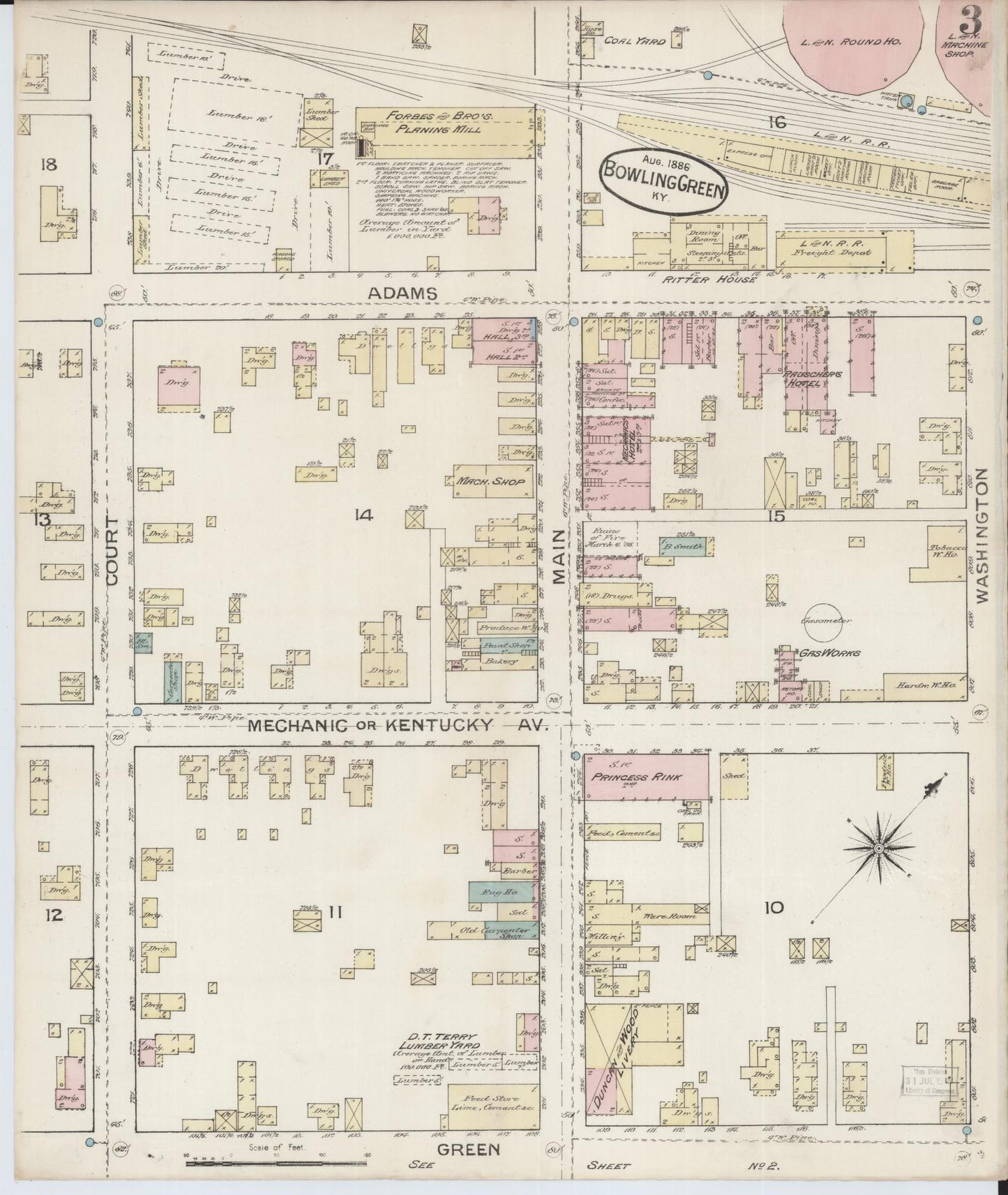 Sanborn Fire Insurance Map from Bowling Green, Warren County, Kentucky (1886), Sheet #0003 - Historic Sanborn Fire Insurance Map Print, vintage old map wall art, antique decor, genealogy gift, Kentucky Kentucky map