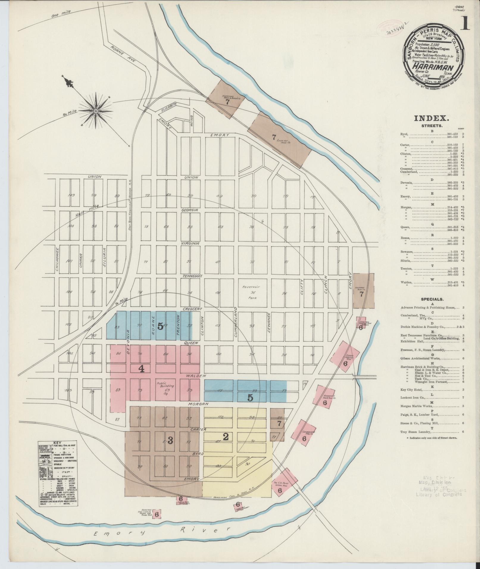 Sanborn Fire Insurance Map from Harriman, Roane County, Tennessee. (1891) – Historic Sanborn Fire Insurance Map Print