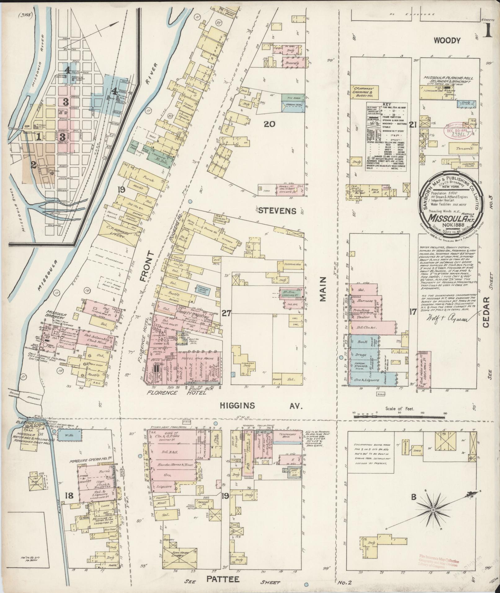Sanborn Fire Insurance Map from Missoula, Missoula County, Montana (1888), Sheet #0001 - Historic Sanborn Fire Insurance Map Print, vintage old map wall art, antique decor, genealogy gift, Montana Montana map